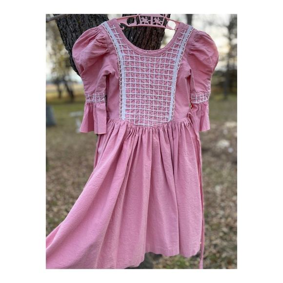 Vintage Medieval Style Maiden Dress Pink White Cotton Shirt Puff Sleeve Lace - Picture 5 of 9